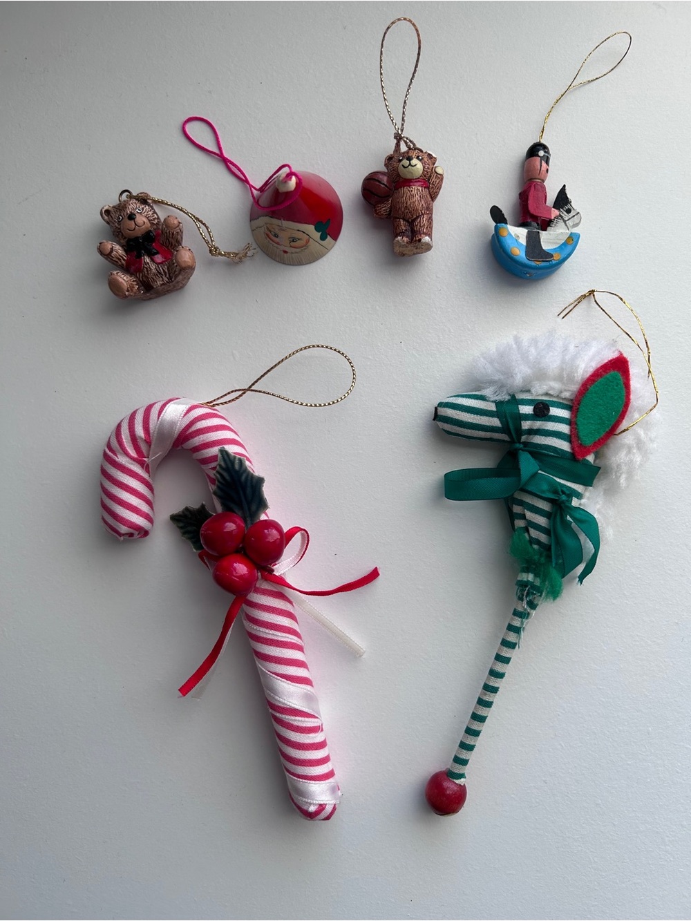80’s Vintage Christmas Ornament Lot of 6 Hobby Horse, Candy Cane, Bears, Soldier